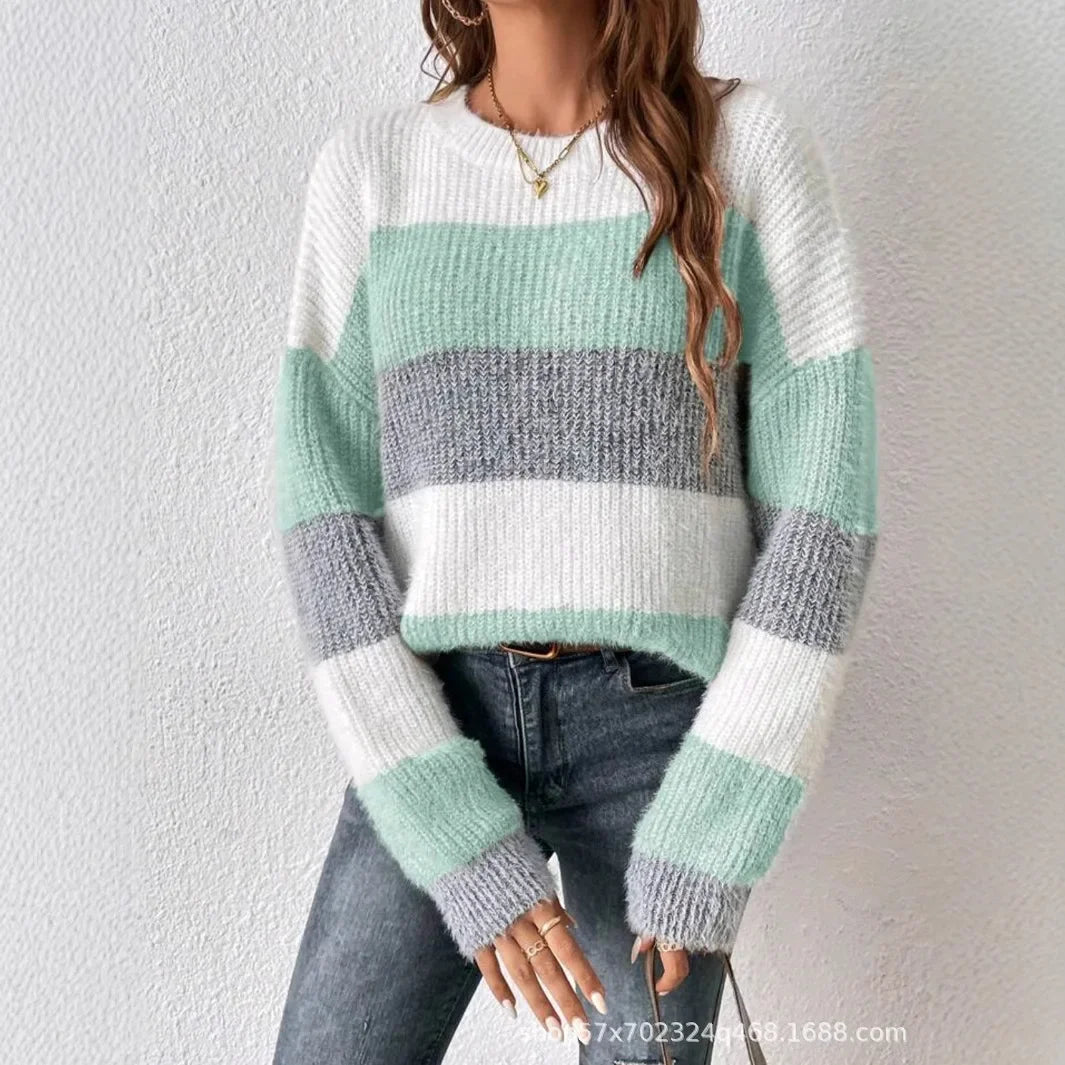 Pull Femme Raye Col Rond Ample Ajusté Tricot Epais Style Francais 2 | MDN Store