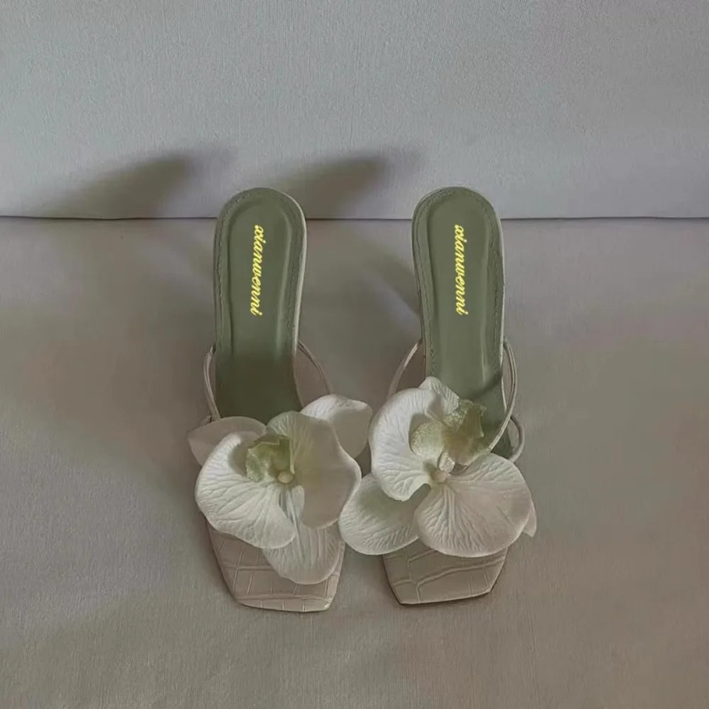 Mules Femme Bout Carré Fleur Talon Haut Décontracté | MDN Store 25