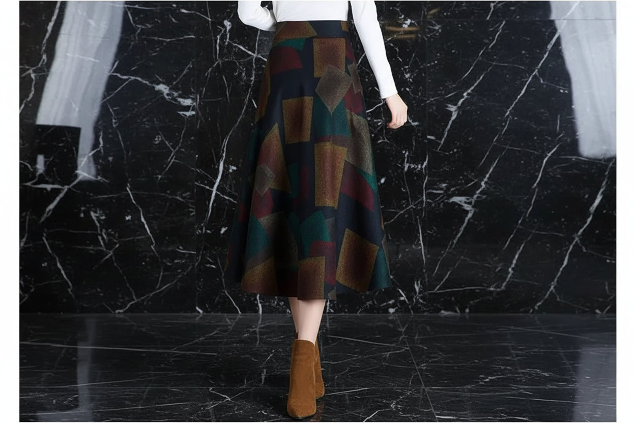 Jupe Midi Femme Laine Imprimée Taille Haute - Automne Hiver A-line | MDN Store