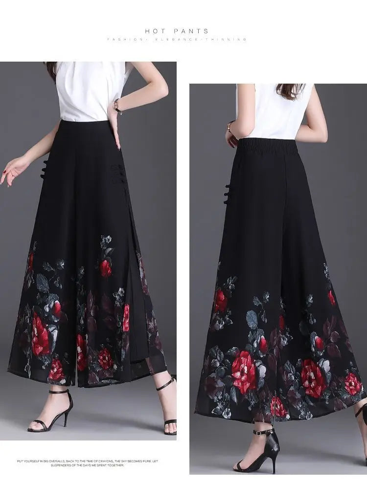 Pantalon Grande Femme Mousseline Floral Noir Jaune | MDN Store