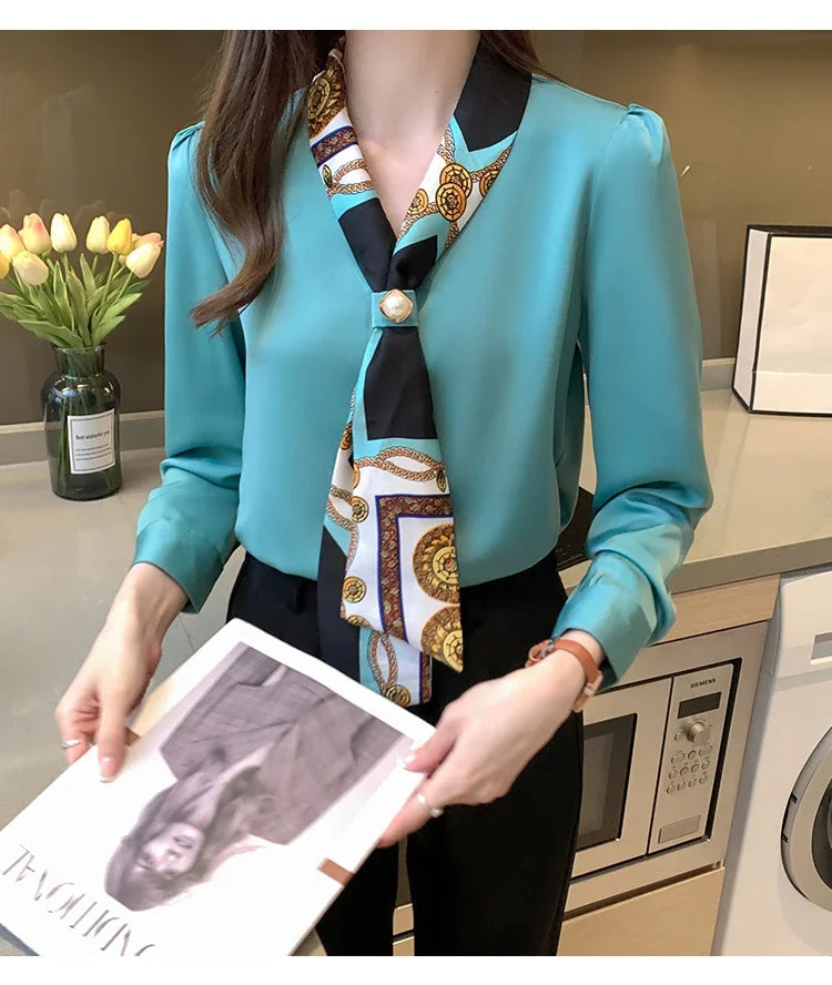 Chemise Chiffon Noeud Femme Col V Manches Longues | MDN