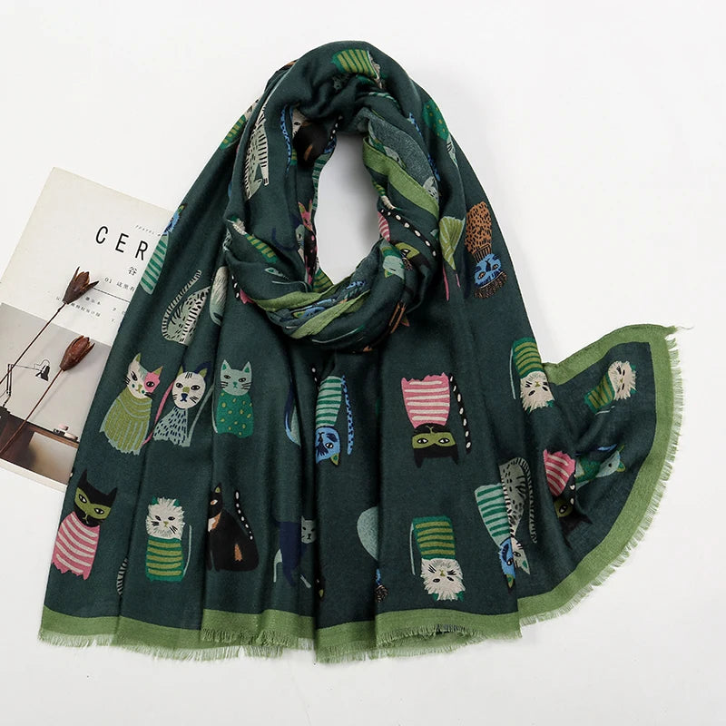 Écharpe Longue Viscose Chat Cartoon Coloré Femme | MDN Store