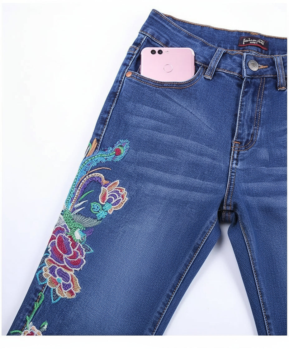 Jean Flare Femme Broderie Ethnique Bleu | MDN Store