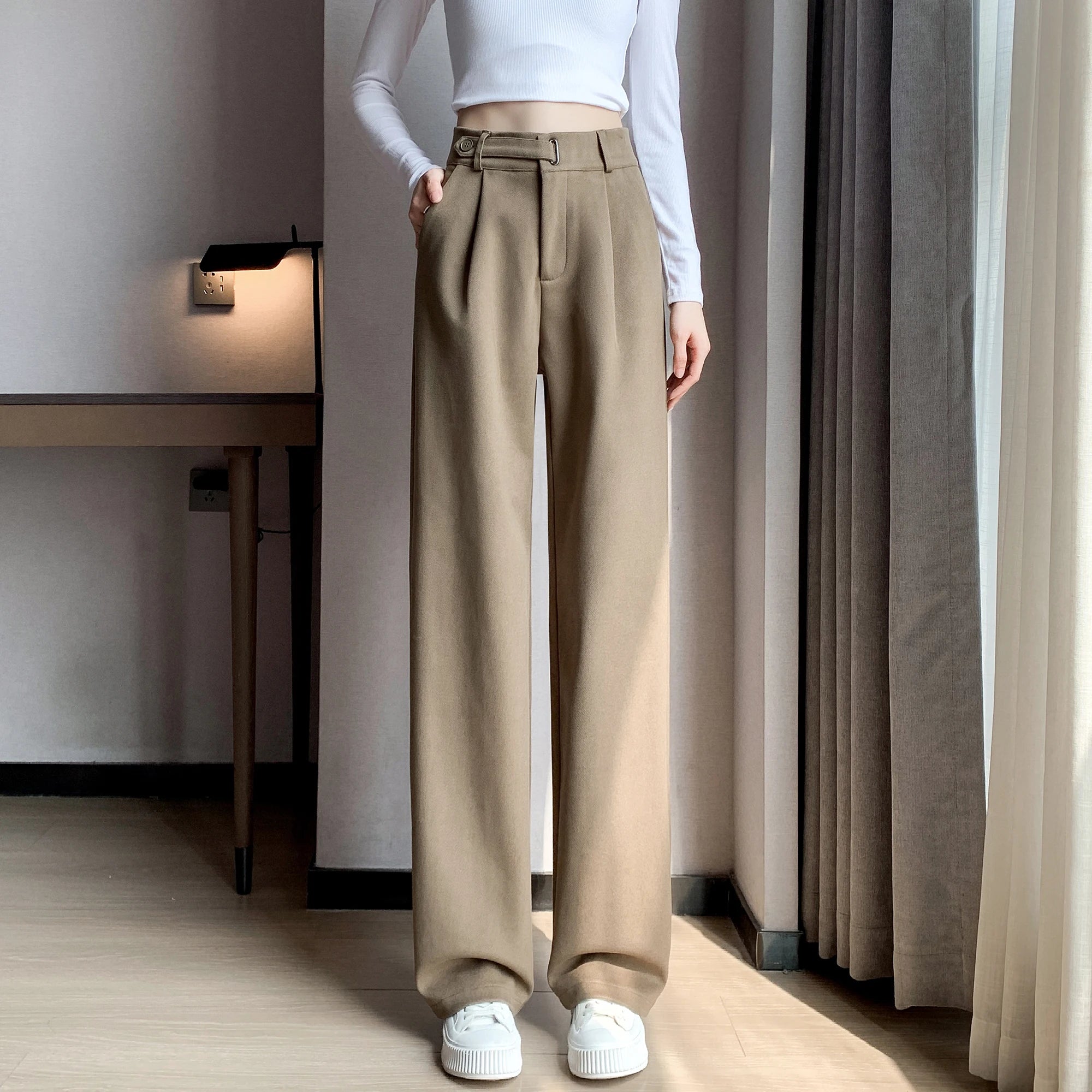 Pantalon Laine Large Femme Boutons Milk Tea | MDN Store