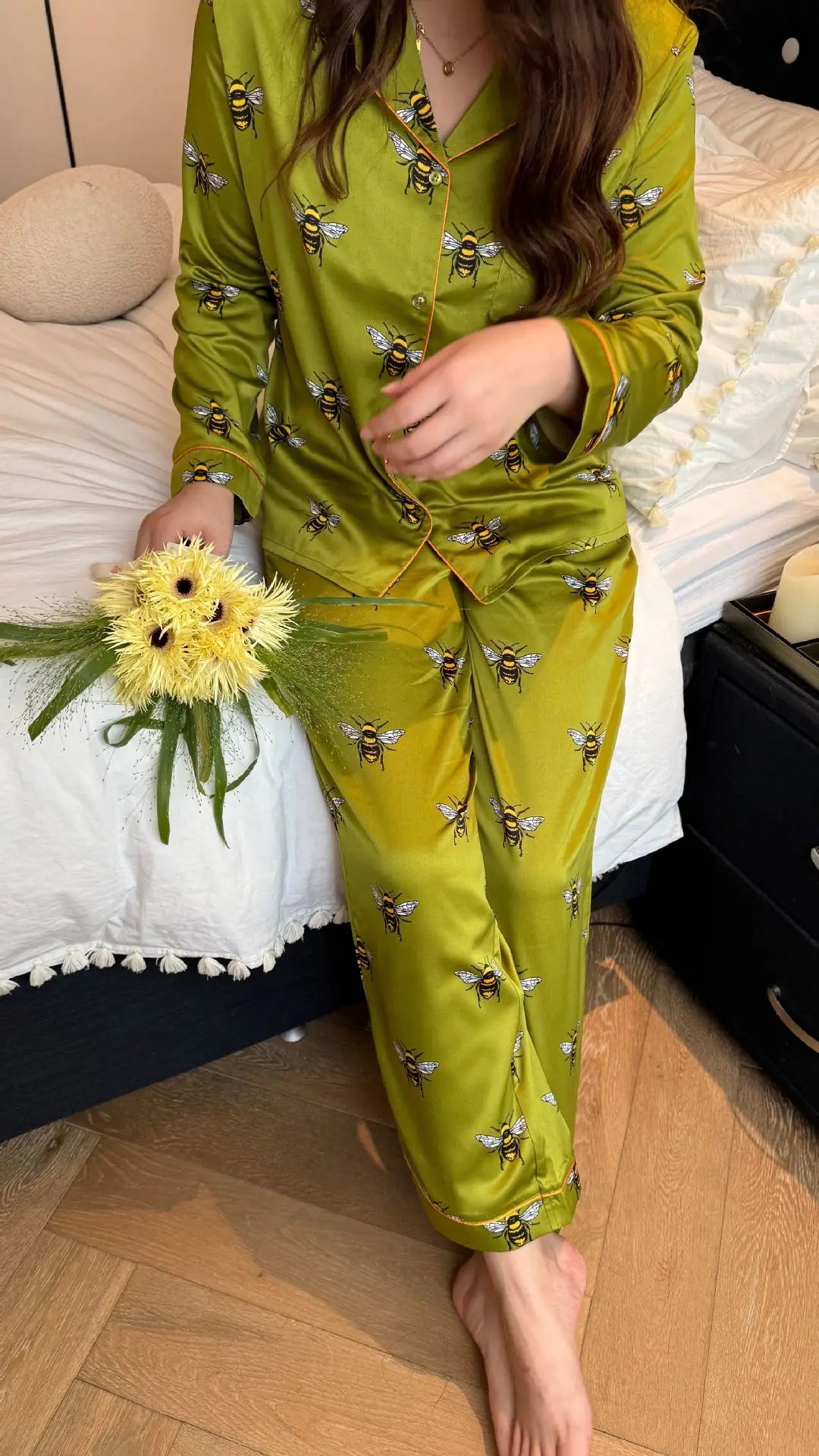 Pyjama Satin Abeilles Vert | MDN