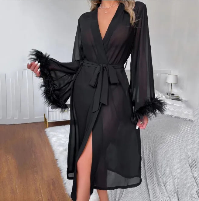 Peignoir Soie Plumes 3/4 Été | MDN Store