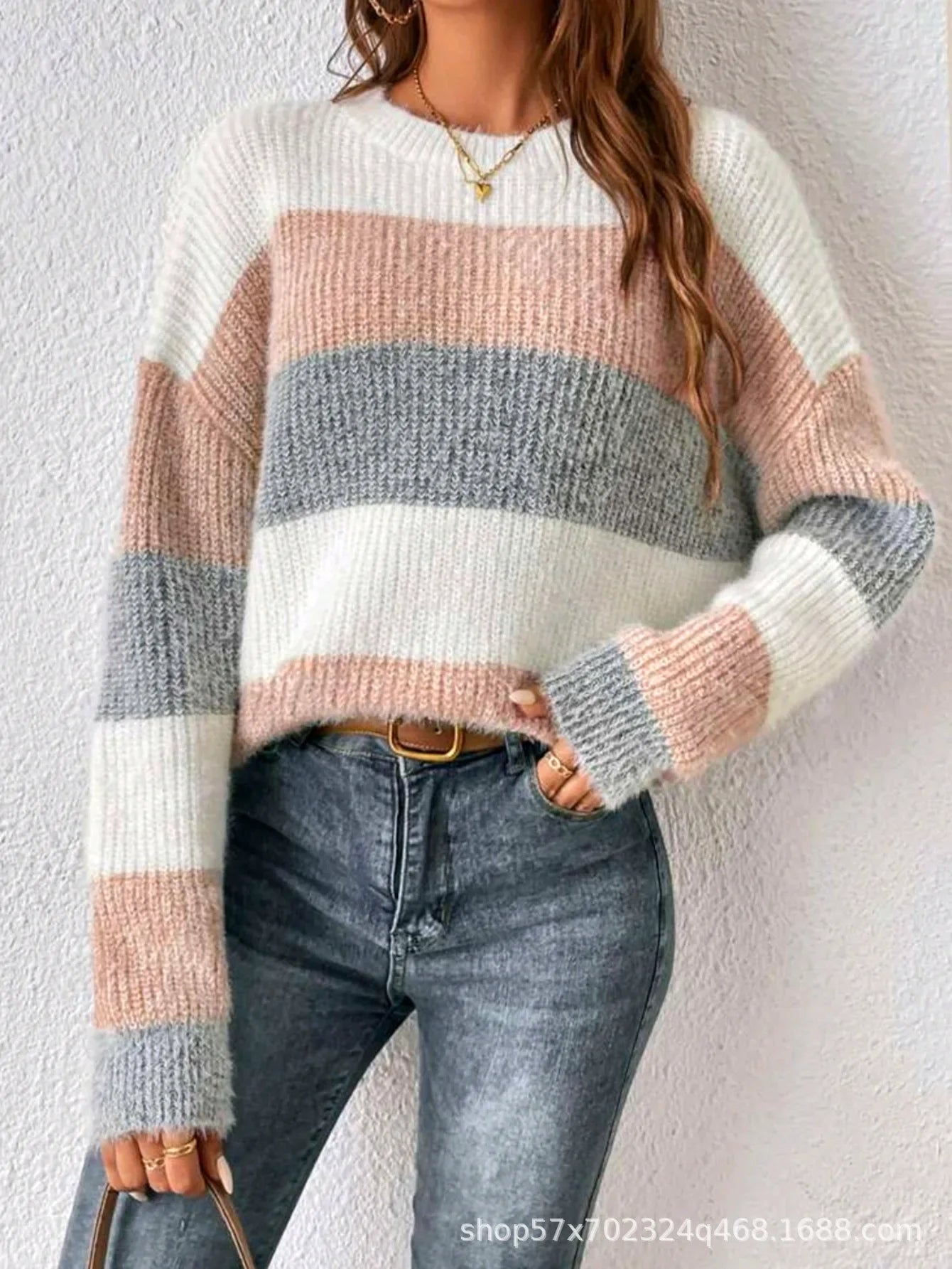 Pull Femme Rayé Col Rond Loose Fit Hiver Épais | MDN