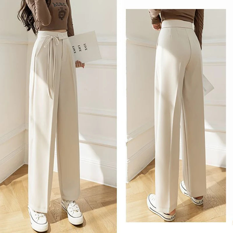 Pantalon Femme Taille Haute Lacets - Jambe Droite Costume Bureau Chic Kaki | MDN Store