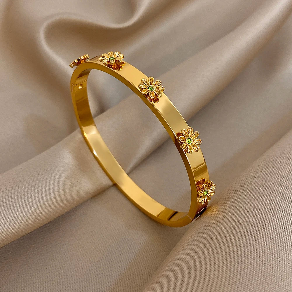 Bracelet Manchette Femme Homme Acier Inoxydable Strass Fleurs | MDN Store