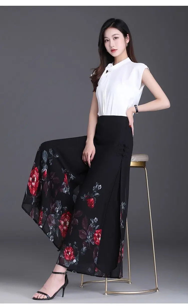 Pantalon Grande Femme Mousseline Floral Noir Jaune | MDN Store