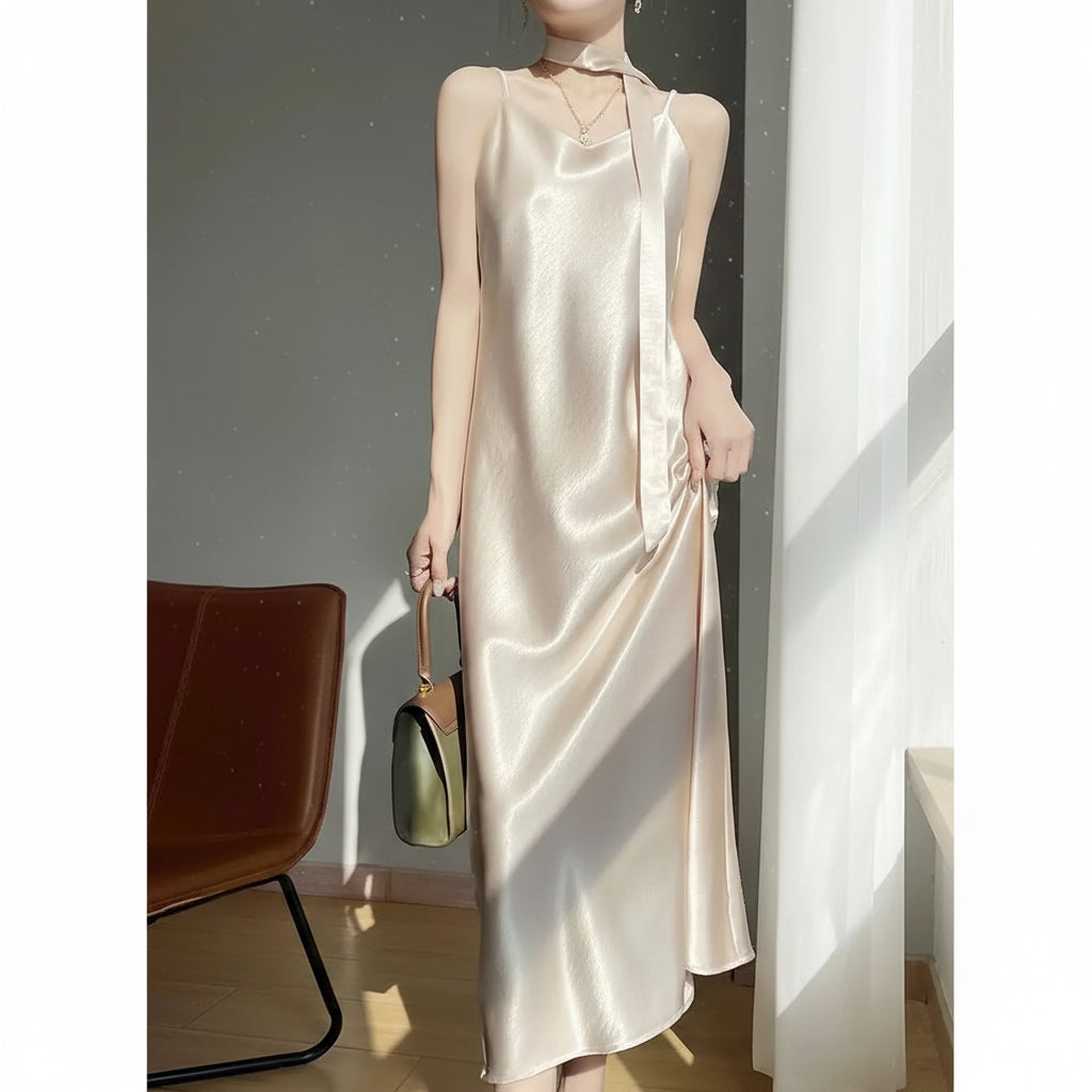 Robe Nuisette Satin Bretelles Ruban Midi 6 Coloris | MDN Store