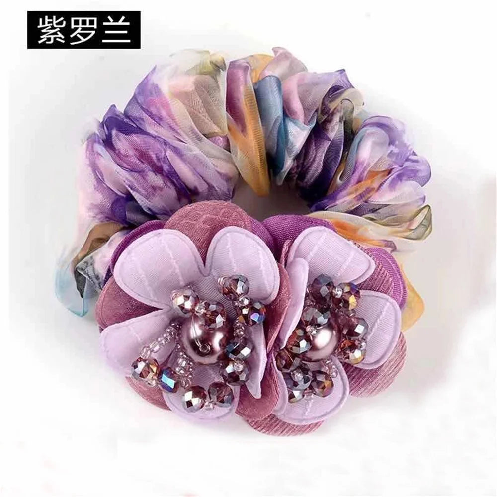 Chouchou Perle Brillante Fleur Organza Transparent - Élastique Cheveux Fille... | MDN Store