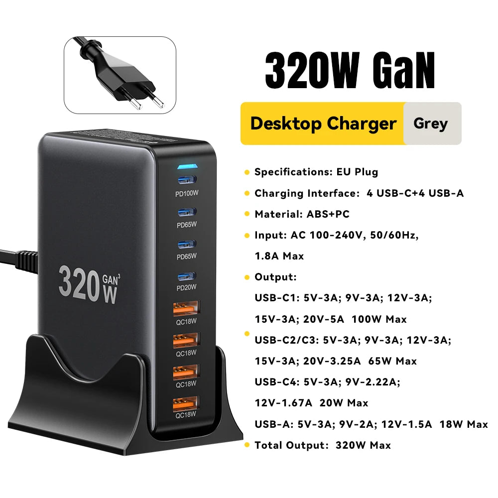 Chargeur GaN 320W 8 Ports USB-C PD 100W | MDN Store