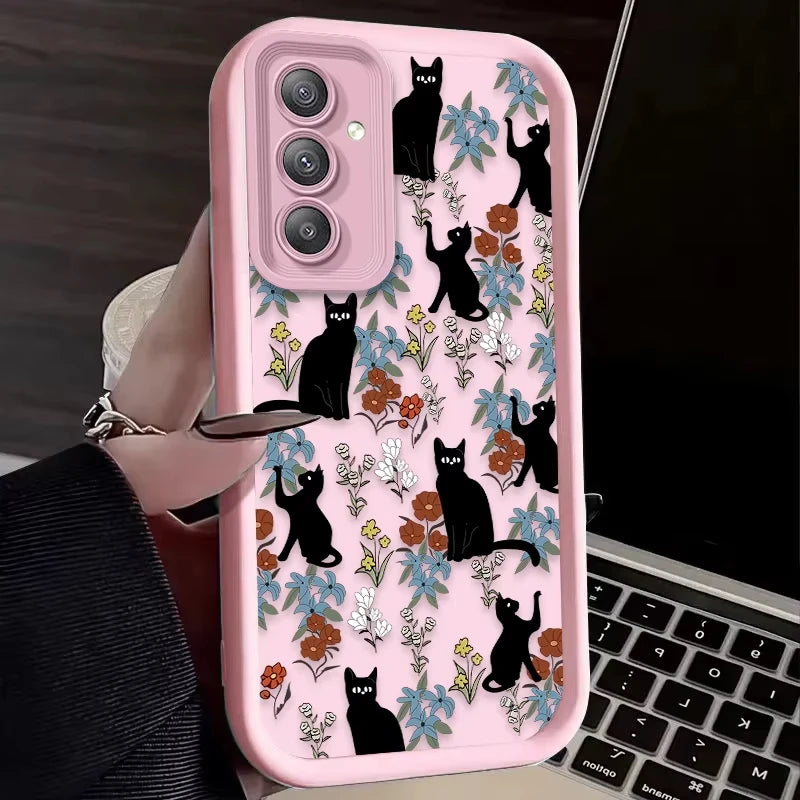Coque Samsung Chat Noir Fleur Artistique - S24 S23 S22 A55 A54 | MDN