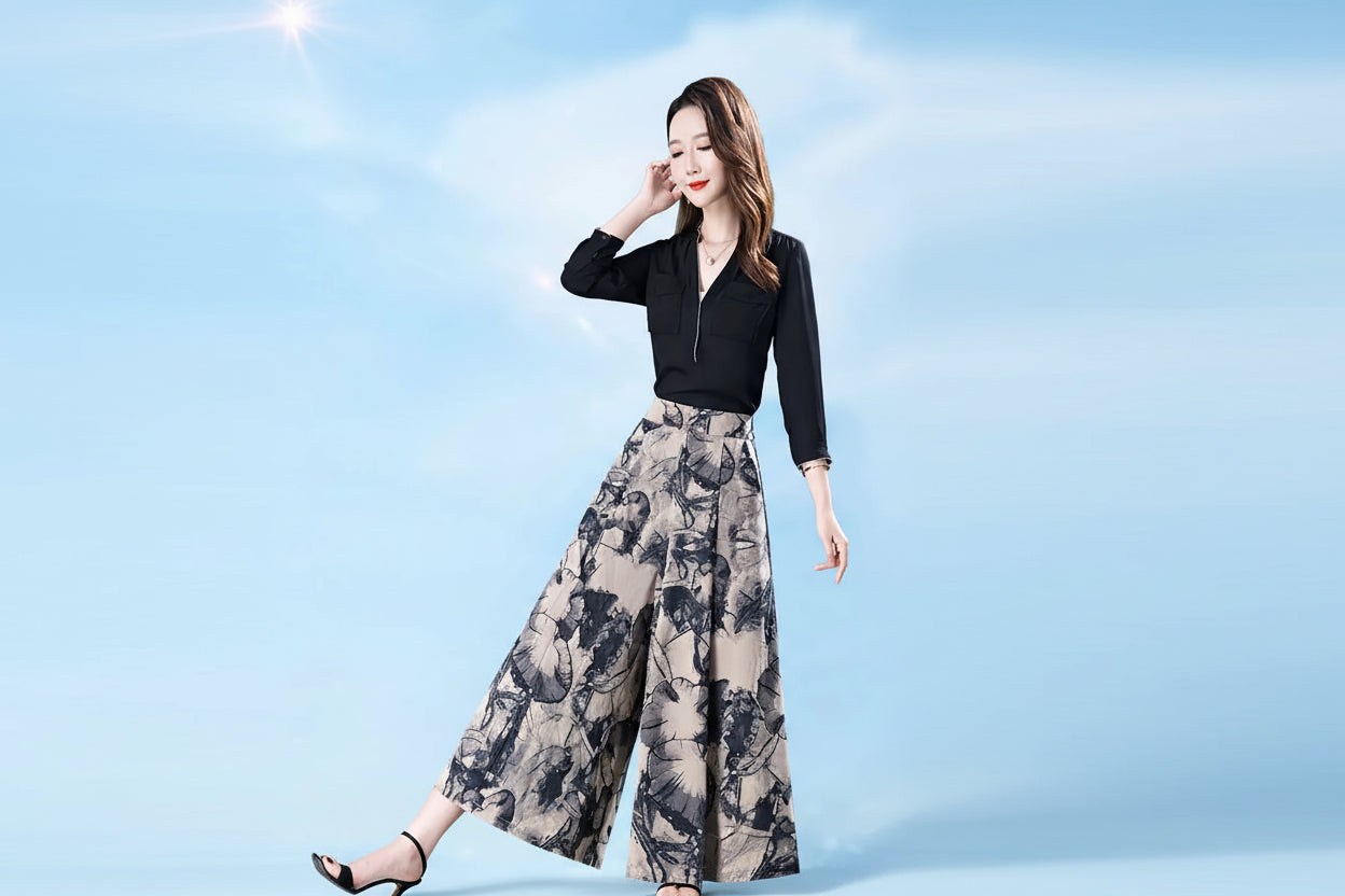 Pantalon Large Femme 7/8 Mousseline Taille Haute Léger Été | MDN Store