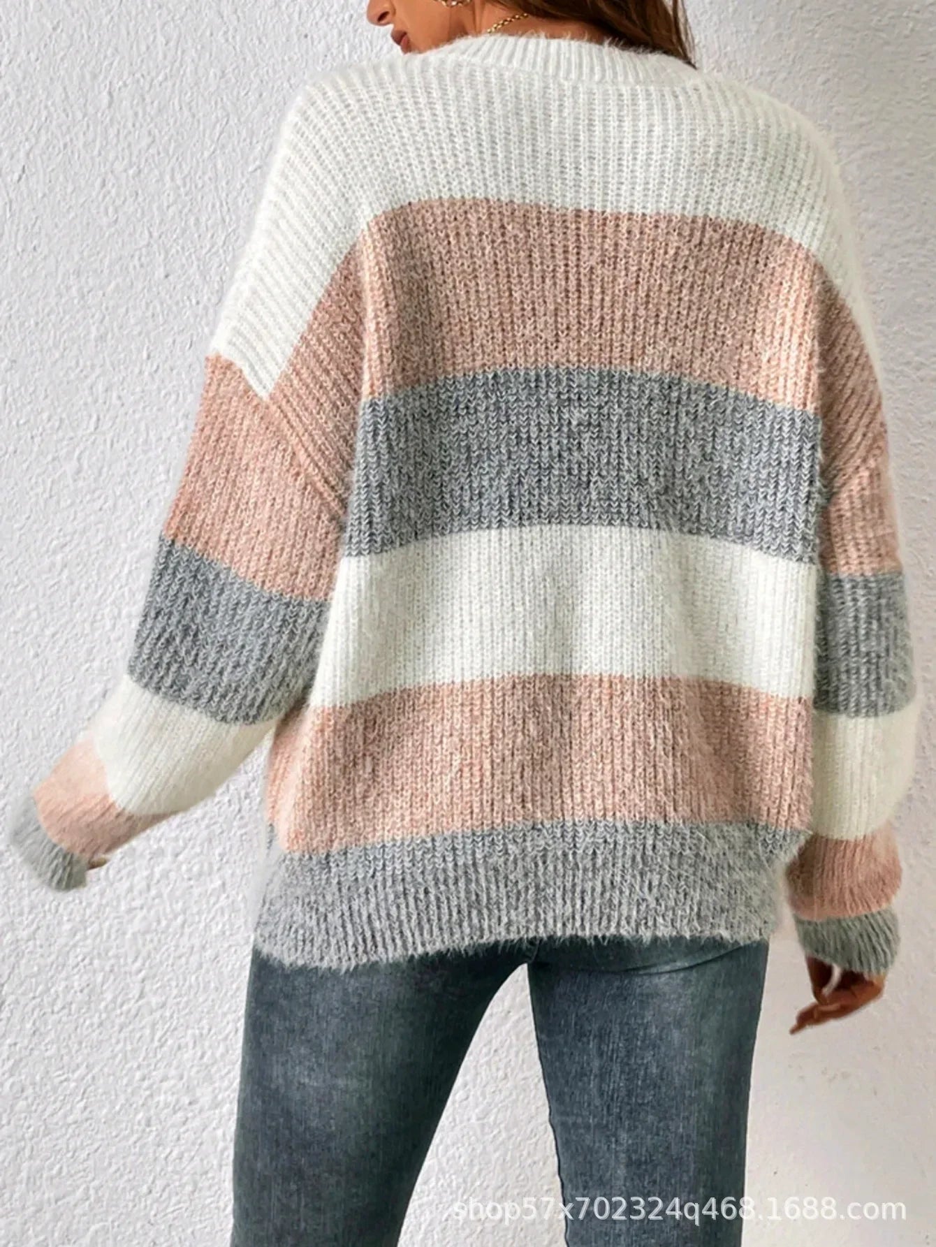 Pull Femme Rayé Col Rond Loose Fit Hiver Épais | MDN