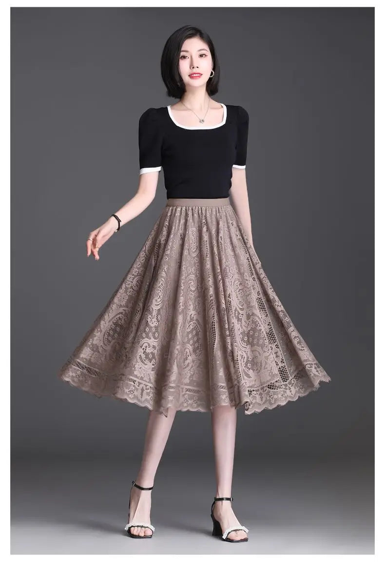 Jupe Longue Dentelle Plissée Taille Haute | MDN Store
