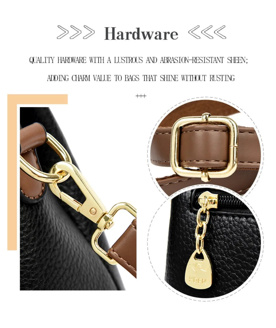 Sac à Main Femme Cuir Véritable Seau Bandoulière Trois Compartiments - MDN