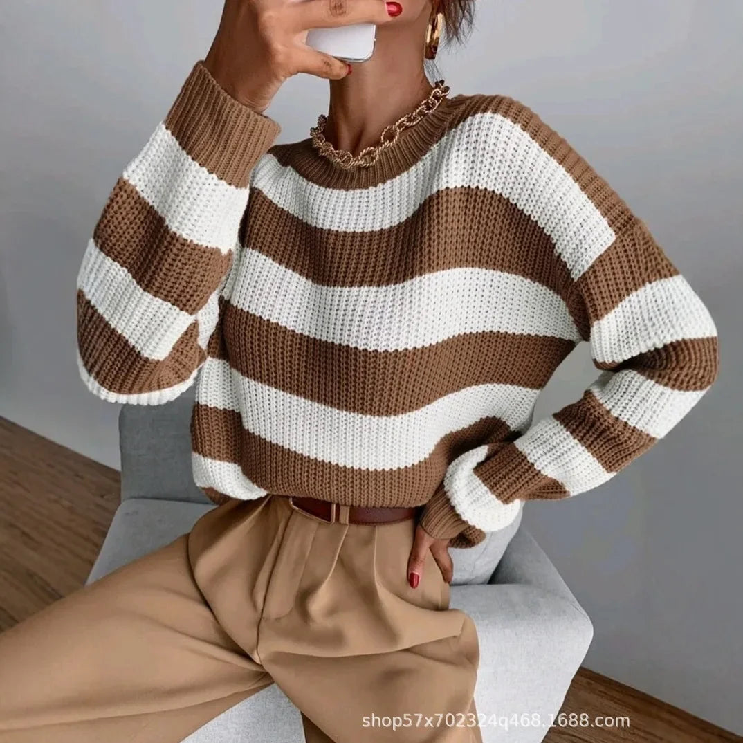 Pull Femme Loose Raye Manches Longues Tricot Epais 2 Coloris | MDN Store