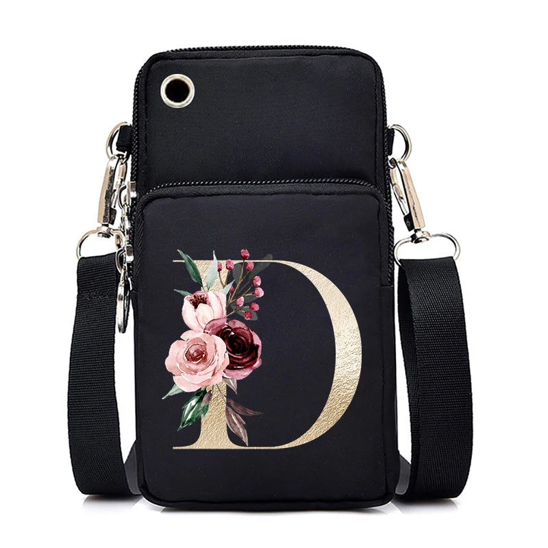 Sac à Main Bandoulière Lettre Initiale Fleurs Roses - Mini Sac Téléphone Femme | MDN