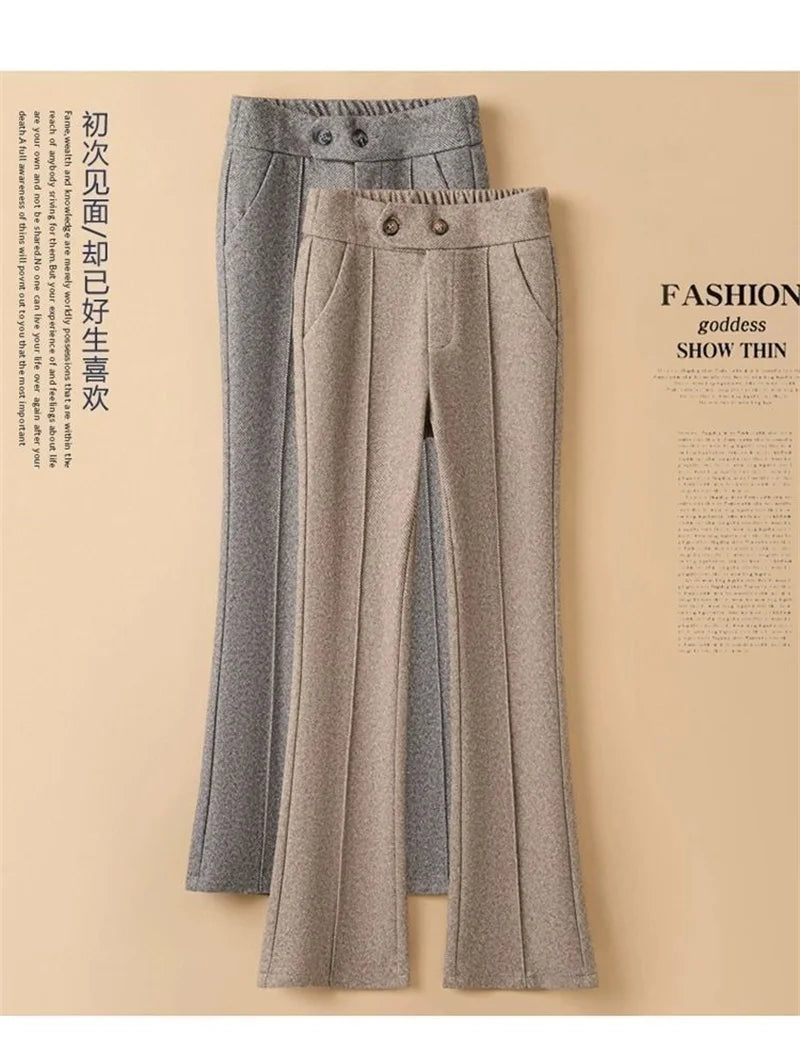 Pantalon Femme Laine Évasé Taille Haute - Bureau Chaud Automne Hiver | MDN