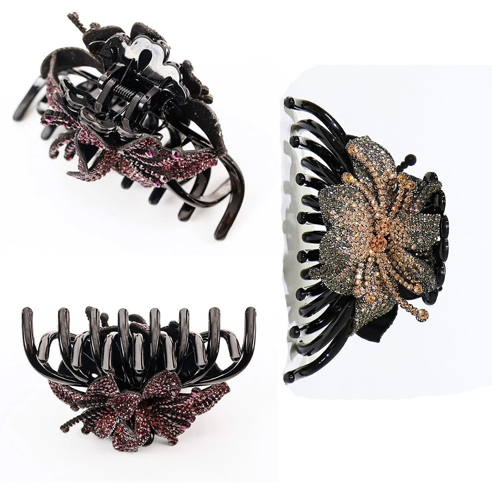 Pince Cheveux Double Fleur Strass Luxe - Barrette Crabe Élégante | MDN Store