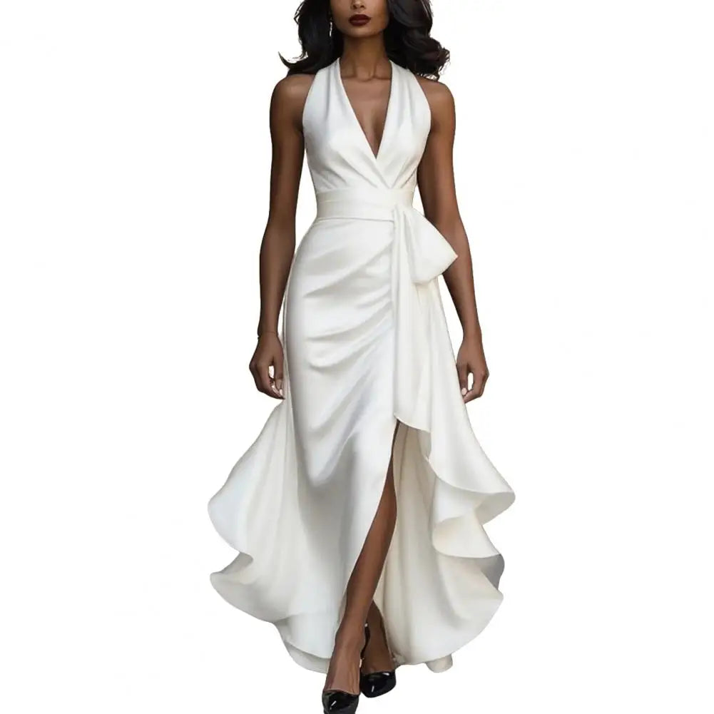 Robe Longue Satin Col V Volants | MDN