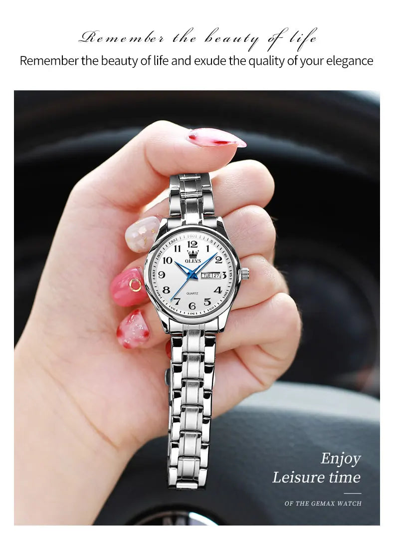 Montre Quartz Femme Elegante Acier Inoxydable Lumineuse Date Semaine | MDN Store 25