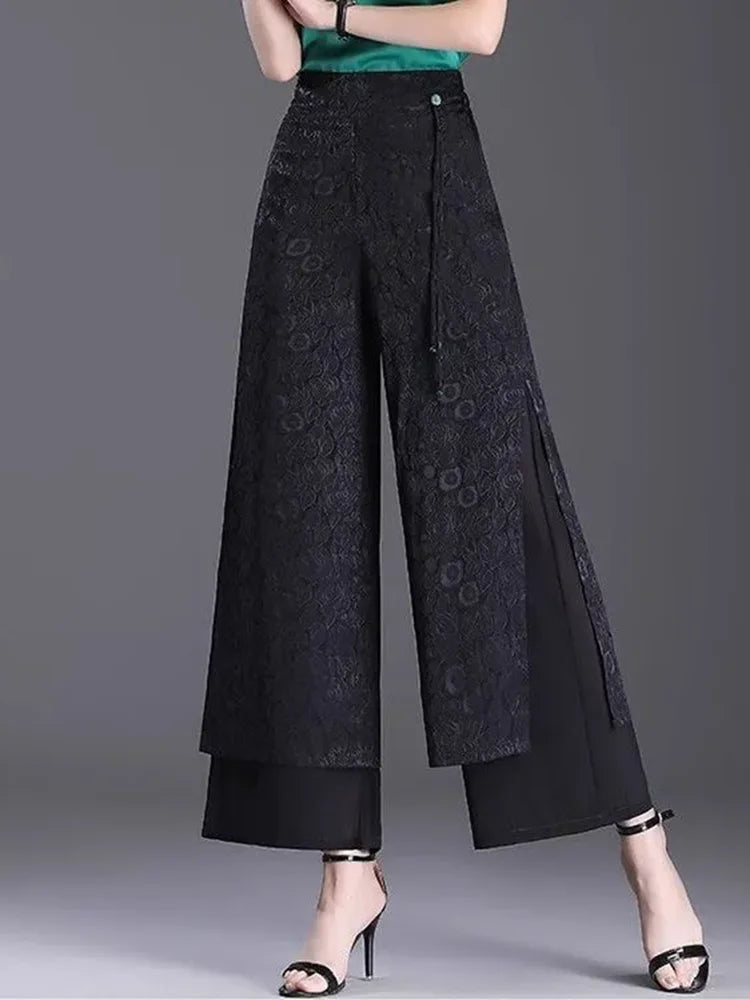 Pantalon Large Taille Haute Jacquard Noir | MDN Store