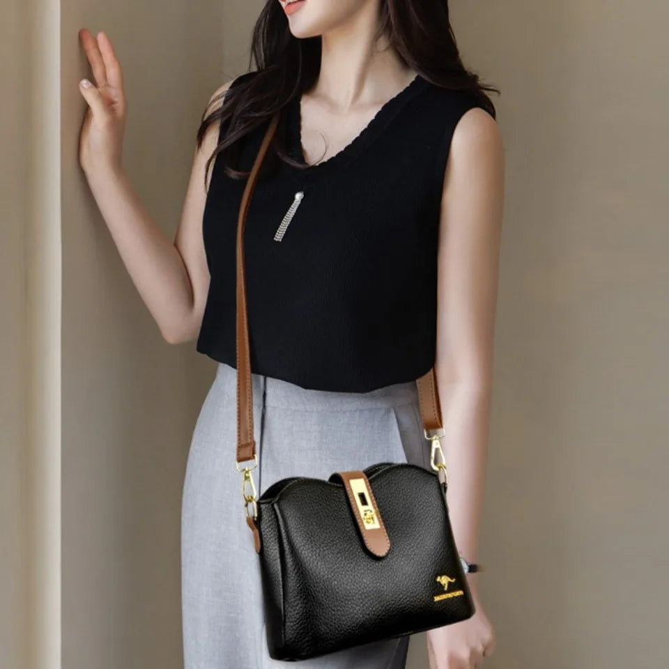 Sac à Main Femme Cuir Véritable Seau Bandoulière Trois Compartiments - MDN