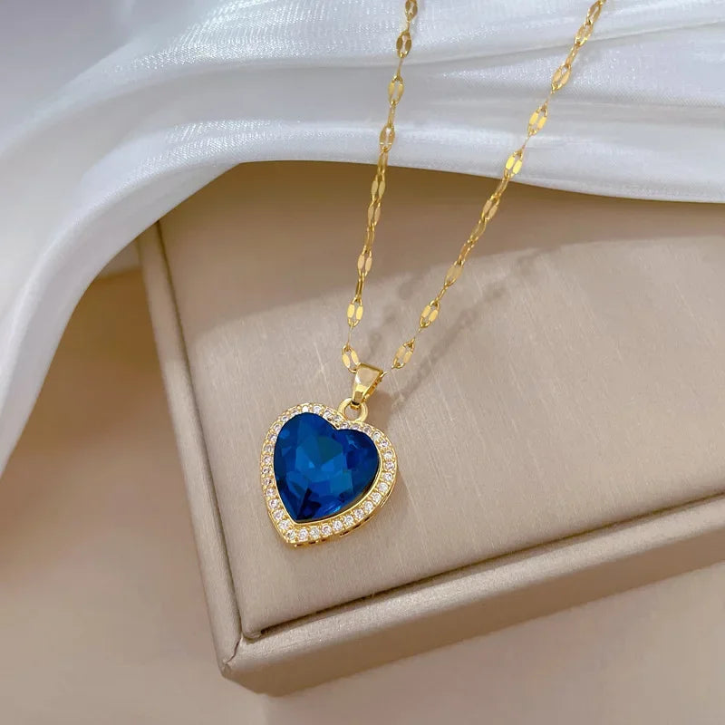 Collier Cœur Acier Inoxydable Zircon Bleu Femme | MDN