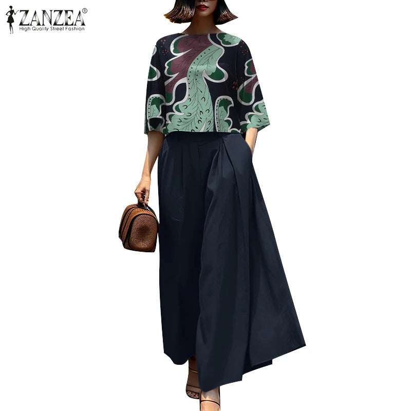 Ensemble Blouse 3/4 & Pantalon Large Paisley Bleu | MDN