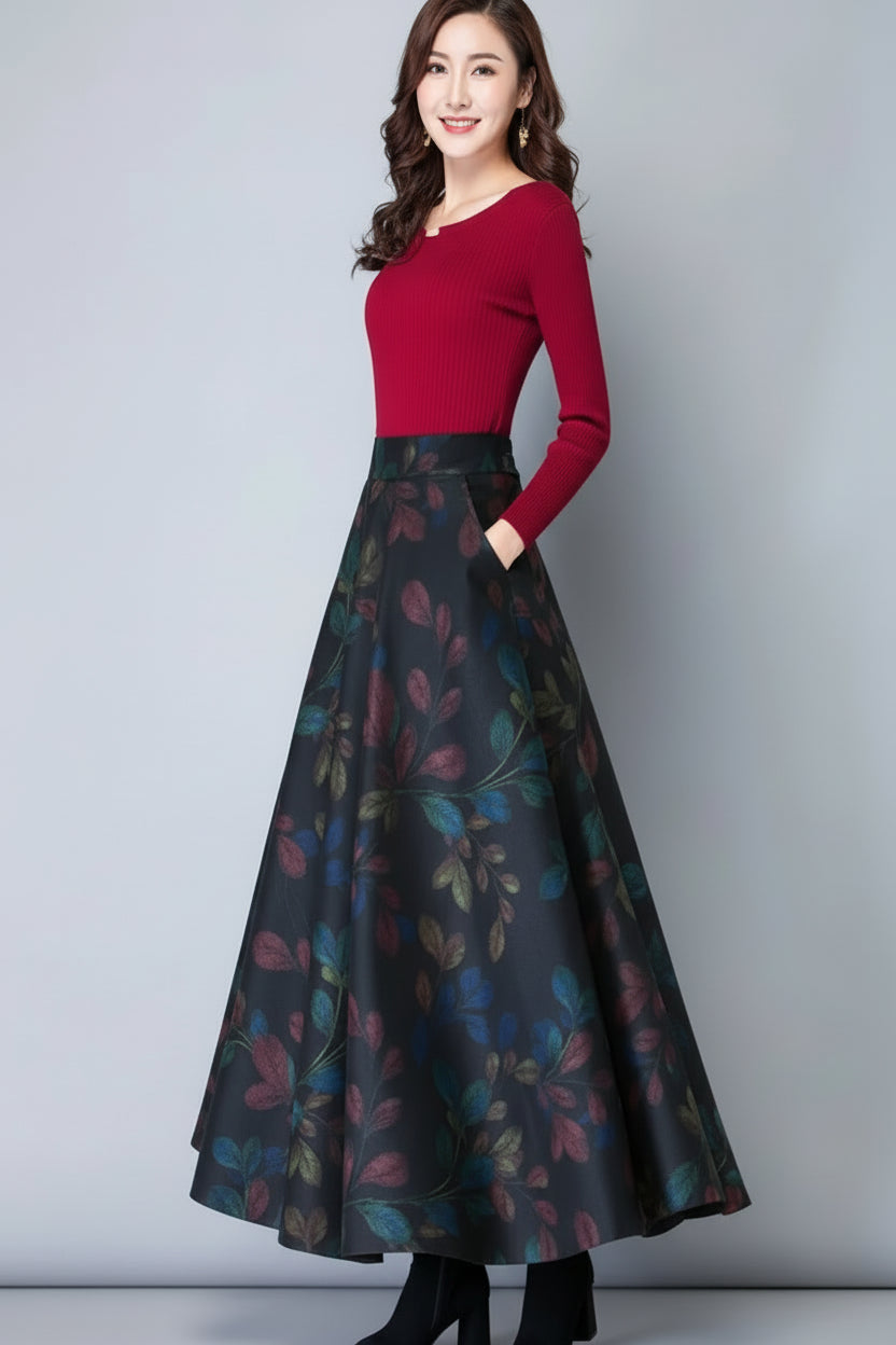 Jupe Midi Femme Laine Imprimée Taille Haute - Automne Hiver A-line | MDN Store