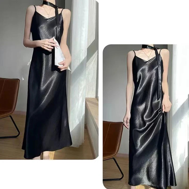 Robe Nuisette Satin Bretelles Ruban Midi 6 Coloris | MDN Store