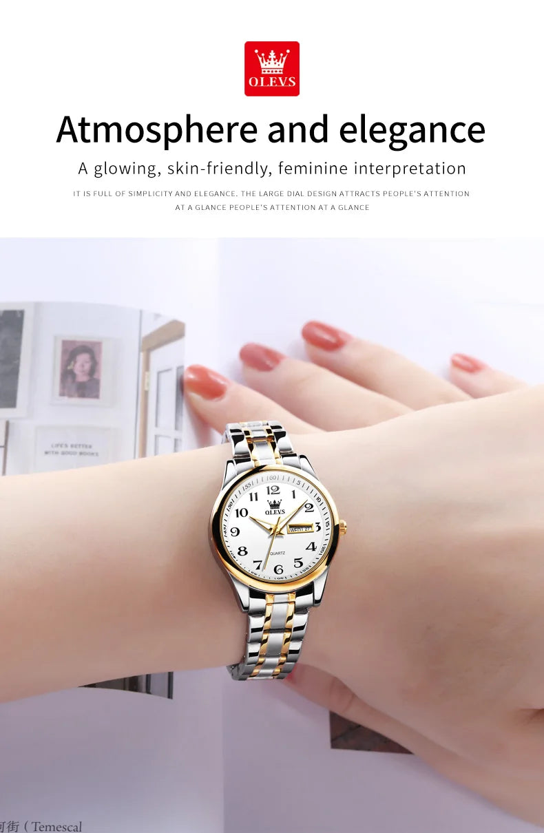 Montre Quartz Femme Elegante Acier Inoxydable Lumineuse Date Semaine | MDN Store 25