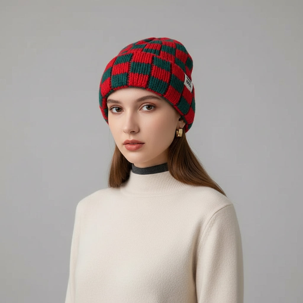 Bonnet Plaid Laine Tricotée Femme | MDN Store