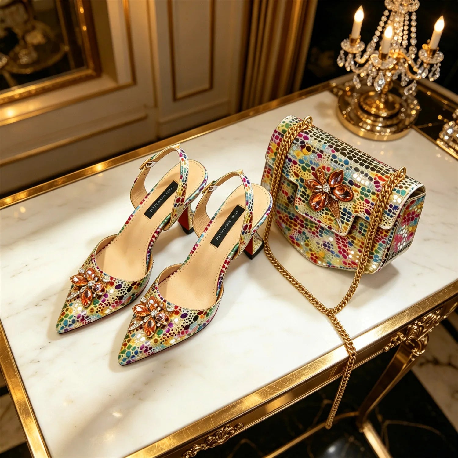 Escarpins Dorés Strass Bout Pointu Femme Soirée Banquet | MDN Store 25