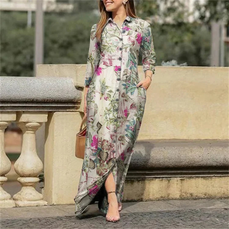 Robe Longue Imprimee Col Chemise Boutonnee Élégante | MDN Store