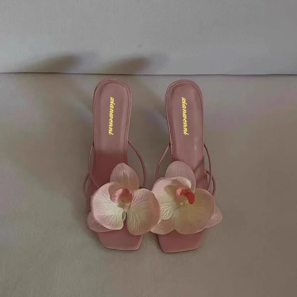 Mules Femme Bout Carré Fleur Talon Haut Décontracté | MDN Store 25