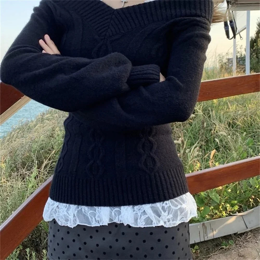 Pull Femme Col V Manches Longues Slim Ajusté Style Vintage 2 Coloris | MDN Store