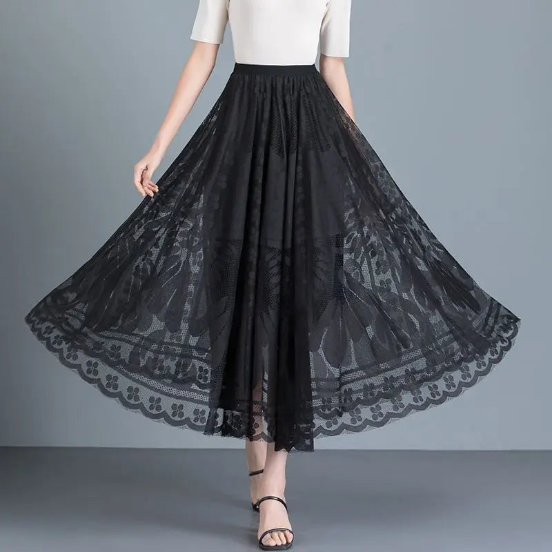 Jupe Longue Dentelle Plissée Taille Haute | MDN Store
