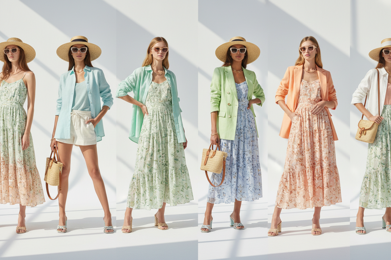Professional fashion photography banner featuring spring and summer collection: colorful women's clothes including light sundresses, linen shirts, cotton shorts, summer blazers, and flowing skirts in pastel colors like mint green, peach, light blue, cream and yellow. Models wearing elegant summer outfits displayed against a clean white background with natural lighting and accessories like hats and bags. Fashion lookbook style, high quality, professional retail photography