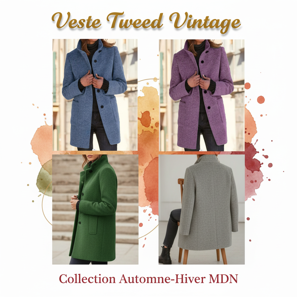 Manteau Femme Tweed Col Montant Vintage - Long Cardigan Automne Hiver | MDN Store